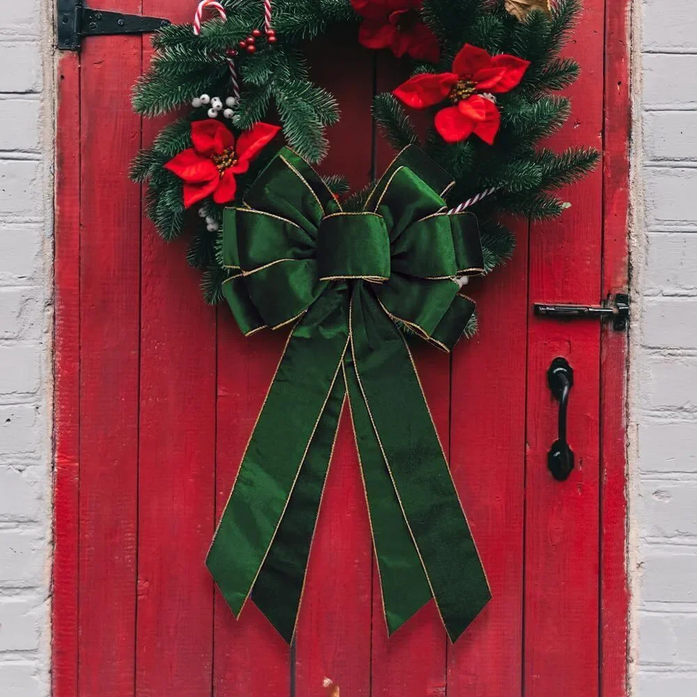 Vintage Green Wreath Bow 20x11 Inch Velvet Tree Topper Golden Edge Xmas